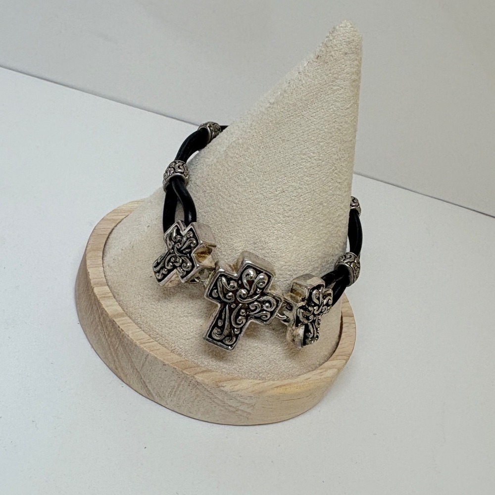 Silver Tone Filigree Triple Cross Black Cord Bracelet 6.5 Inch